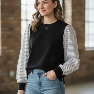 NEW The Cause Collection Black White Striped Sleeve Top Women's Medium